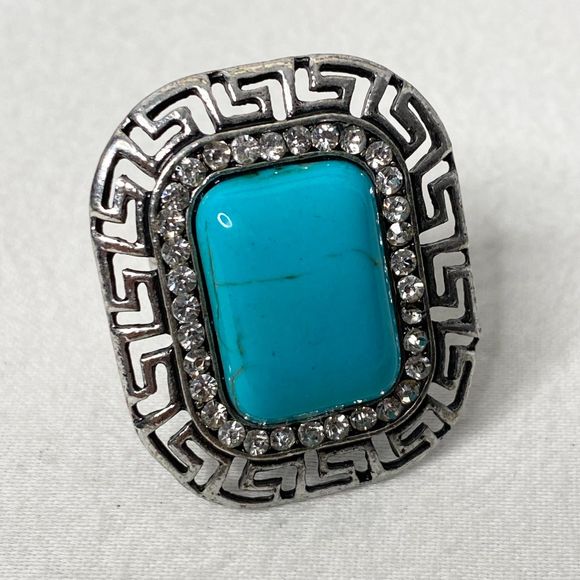 Southwest Style Earrings & Ring Faux Turquoise Stones Rhinestones Silver Frame - Picture 11 of 15